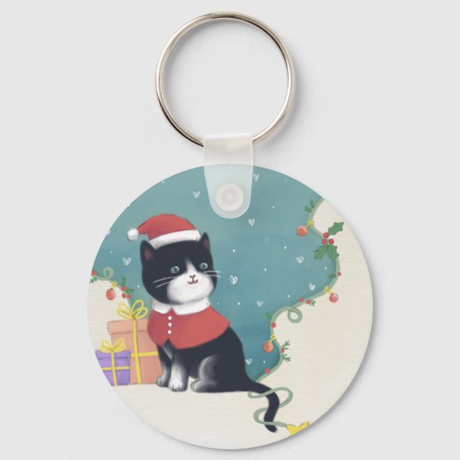 Chaveiro Feliz Natal: Gato Ilustra Arte (Frente)