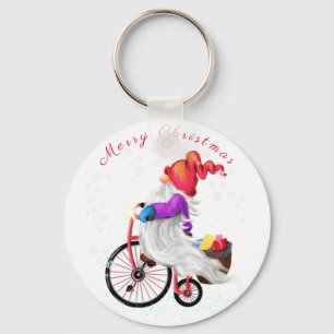 Chaveiro Feliz Natal - Gnomo Engraçado com Bicicleta e Pre
