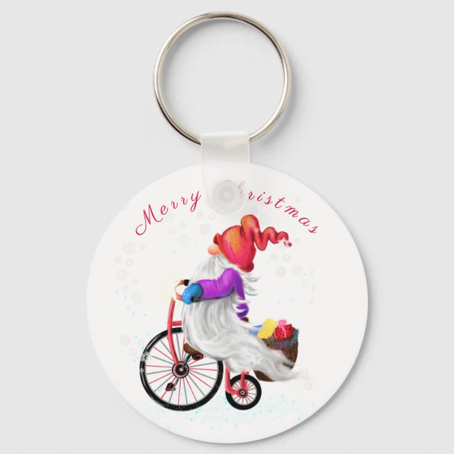 Chaveiro Feliz Natal - Gnomo Engraçado com Bicicleta e Pres (Frente)