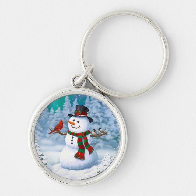 Chaveiro Feliz Natal Snowman e Birds Cena de Inverno (Frente)