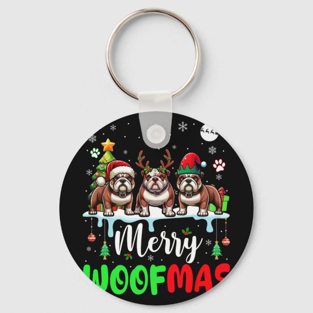 Chaveiro Feliz Natal Woof Três Papais noeis Reindeer Elf Bu (Frente)