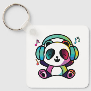 Chaveiro Feliz Panda com fones de ouvido ouvindo música.