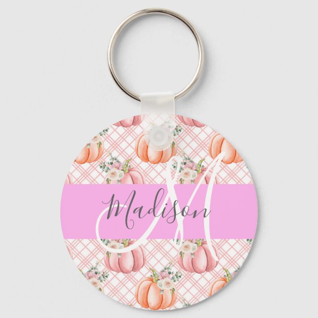 Chaveiro Feminino Chic Floral Rosa Pêssego Abóbora Monogram (Frente)
