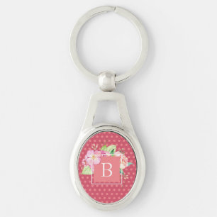 Chaveiro Feminino Monogramado Pontos Rosa e Floral Coral Ro