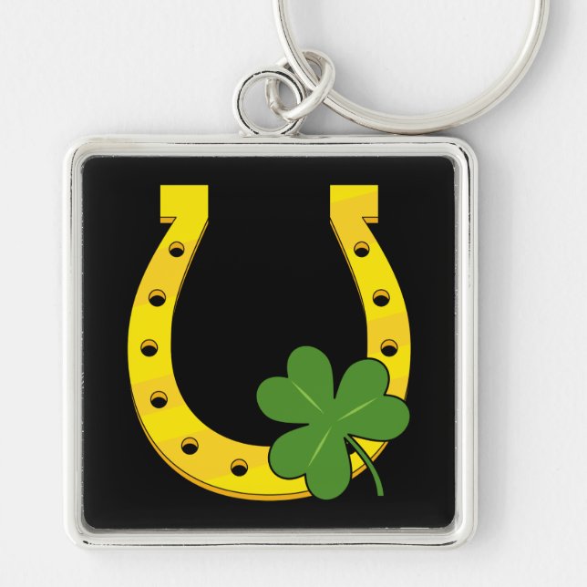 Chaveiro Ferradura de Ouro Sortudo com Shamrock em preto (Frente)