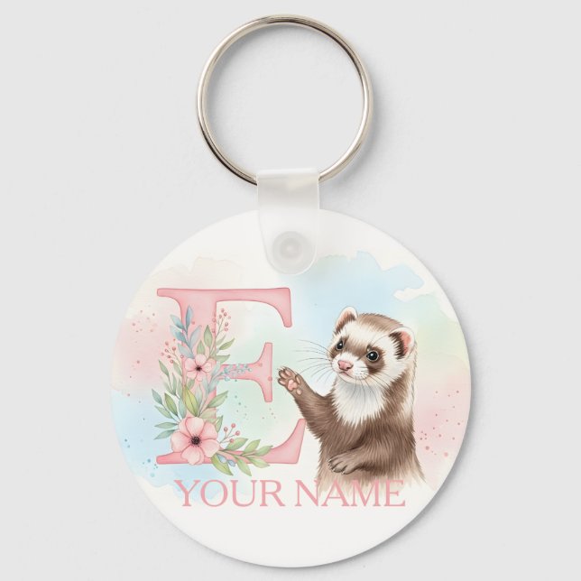 Chaveiro Ferret em Aquarela com Monograma de Letra Floral E (Frente)