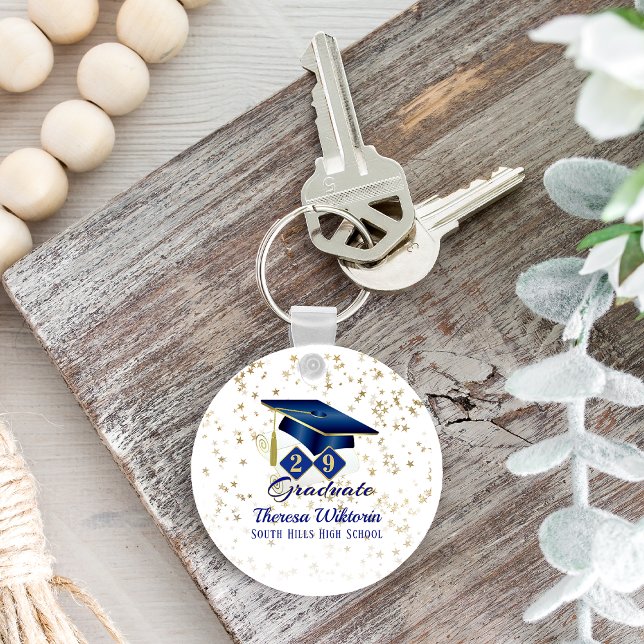 Chaveiro Festa de formatura Personalizada Azul Dourado Clás (Personalized Graduation Party Blue Gold Classic Keychain)