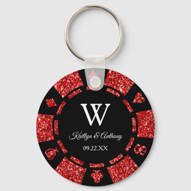 Chaveiro Ficha de Pôquer de Glitter Vermelho Favor de Casam (Frente)