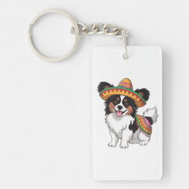 Chaveiro Fiesta Papillon Dog Vestindo Sombrero e Sarape