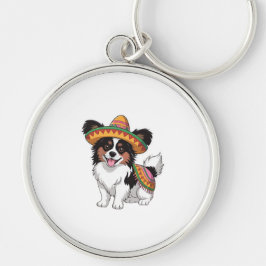 Chaveiro Fiesta Papillon Dog Vestindo Sombrero e Sarape