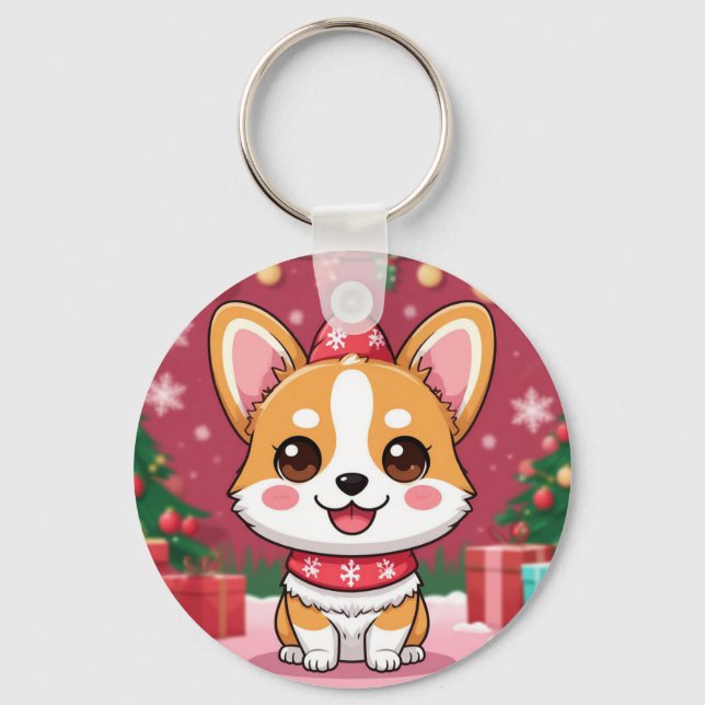Chaveiro Filhote de Corgi Fofo Com Presentes de Natal (Frente)