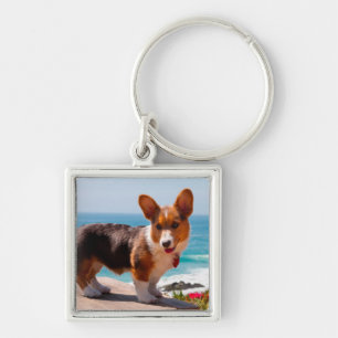 Chaveiro Filhote de Pembroke Welsh Corgi em pé na mesa
