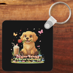 Chaveiro Filhote Fofo de Retriever Dourado em uma Manhã de