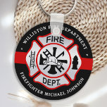 Chaveiro Firefighter Maltese Cross Personalized Fireman<br><div class="desc">Personalized Thin Red Line Maltese Cross Firefighter Keychain - modern black red and silver design . Personalize with fire departments, firefighter name, or your text. This personalized firefighter keychain is perfect for fire departments, fire service, or as a memorial keepsake, christmas gifts or stocking stuffers. COPYRIGHT © 2020 Judy Burrows,...</div>