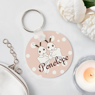Chaveiro Fita Cor-de-rosa-pastel, Fita-Branca, Coelho-Gêmeo