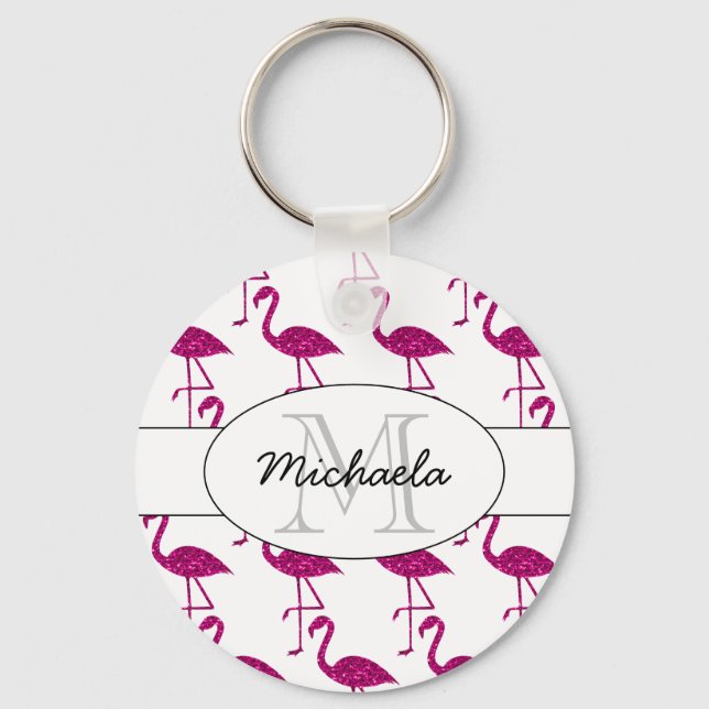 Chaveiro Flamingo brilhante Rosa brilho padrão Monograma (Frente)