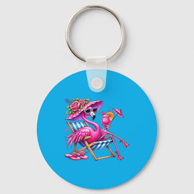 Chaveiro Flamingo Rosa Fofo Relaxando na Cadeira de Praia V (Frente)