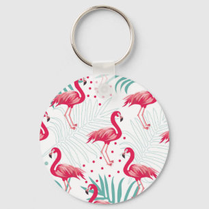 Chaveiro Flamingo tropical e folhas, padrão de verão.