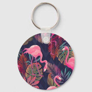 Chaveiro Flamingo tropical: padrão de palma de vintage.