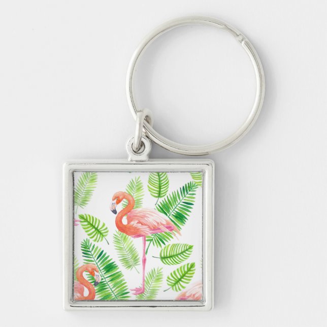 Chaveiro Flamingos e folhas tropicais (Frente)