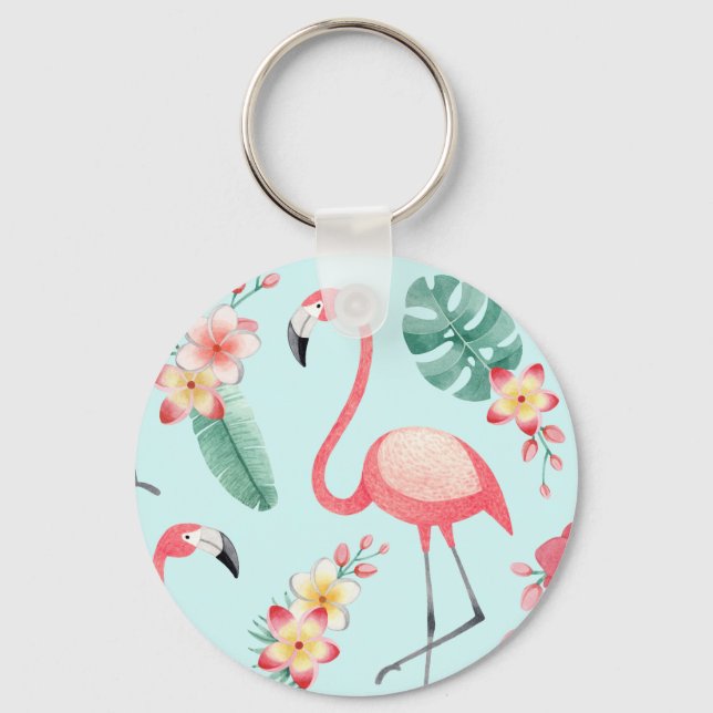 Chaveiro Flamingos Flores Tropicais Padrão de Aquarela (Frente)
