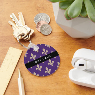 Chaveiro Fleur de Lis, Bege sobre Roxo, Real, Seu Nome