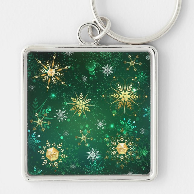 Chaveiro Flocos de neve do Ouro Xmas em fundo verde (Frente)