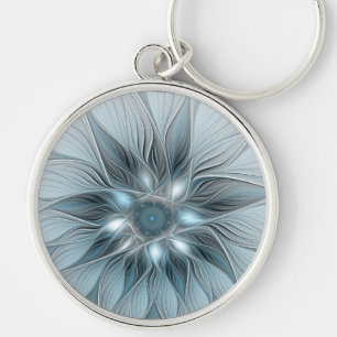 Chaveiro Flor Abstrata Alegre Azul Cinza Fractal Floral