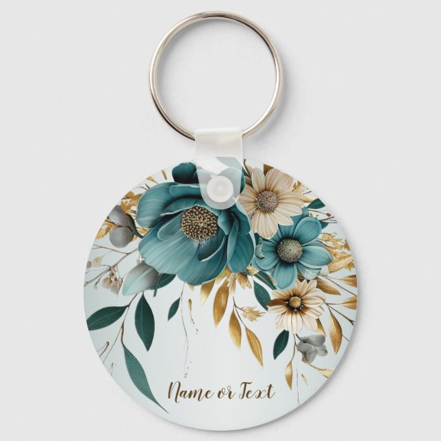 Chaveiro Flor Branca Turquesa Folhas Douradas Elegante (Frente)