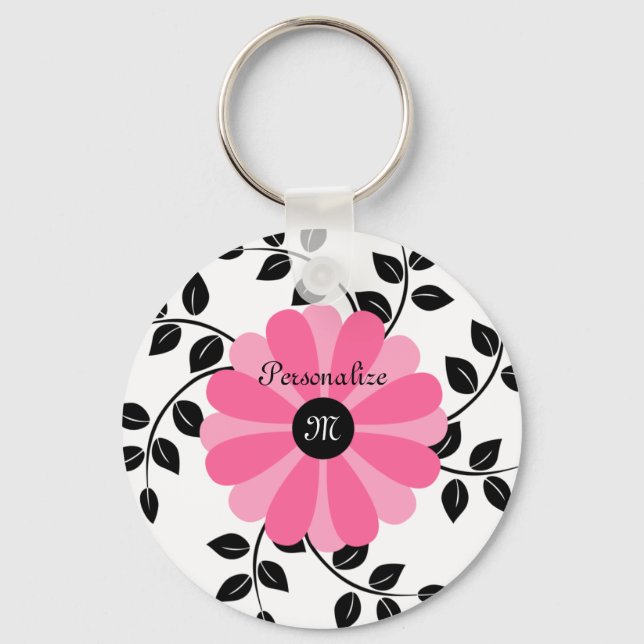 Chaveiro Flor Cor-De-Rosa E Preta, Monograma, Com Nome (Frente)