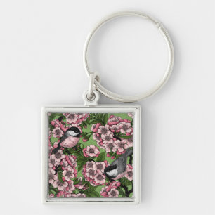 Chaveiro Flor de cereja e galinhas em verde