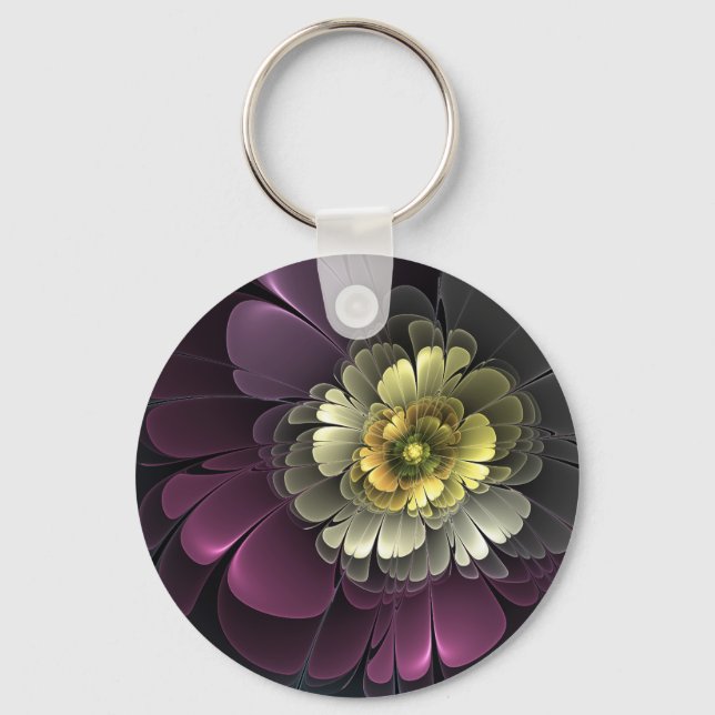 Chaveiro Flor de Fractal Abstrato Moderno Purpur Khaki Cinz (Frente)