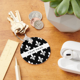 Chaveiro Flor de Lis, Branco sobre Preto, Branco, Seu Nome