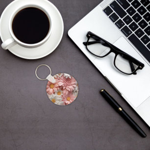 Chaveiro Flor de margarida 3D, rosa e branca