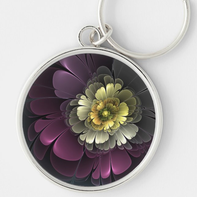 Chaveiro Flor Fractal Abstrata Moderna Purpura Cinza Khaki (Frente)