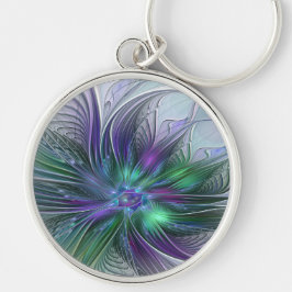 Chaveiro Flor Moderna Abstrata Fractal Verde Roxo