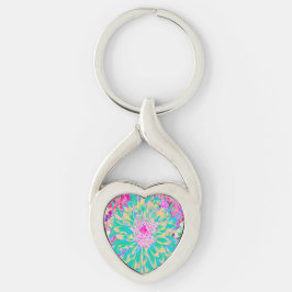 Chaveiro Flor Verde-Teal-Quente e Dália Rosa-Quente