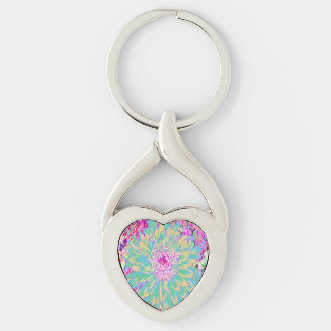 Chaveiro Flor Verde-Teal-Quente e Dália Rosa-Quente (Frente)