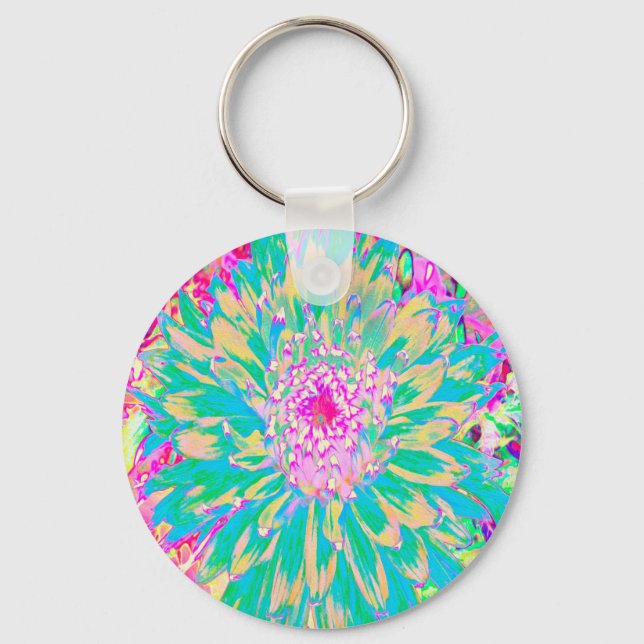 Chaveiro Flor Verde-Teal-Quente e Dália Rosa-Quente (Frente)