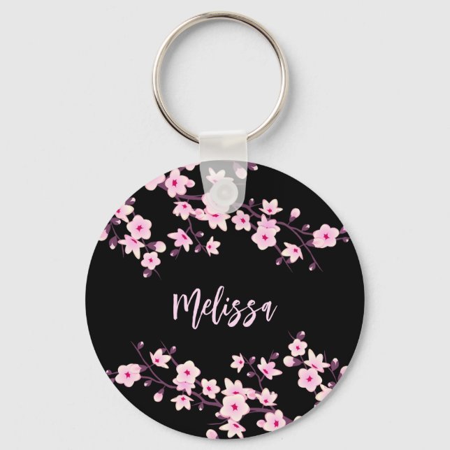Chaveiro Floral Cherry Blossomas Pretos Rosa (Frente)