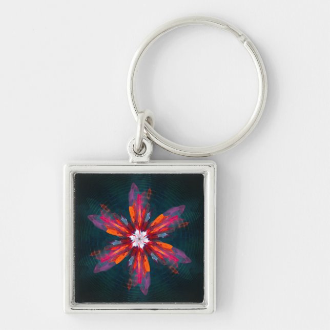 Chaveiro Floral Flores de Mandala Laranja Vermelho Abstrato (Frente)