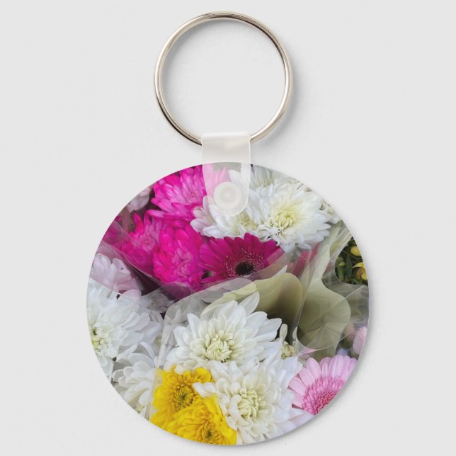 Chaveiro Floral Pastel Rosa, Amarelo e Branco Crisântemo (Frente)