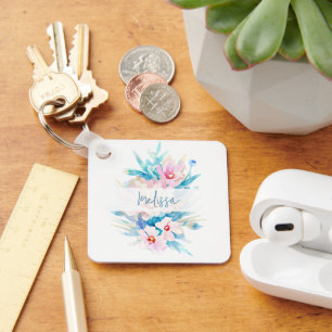 Chaveiro Floral personalizado aquarela rosa e azul