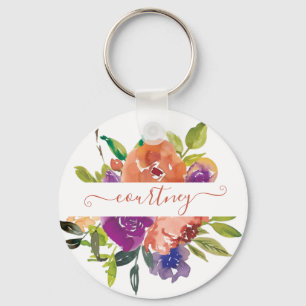 Chaveiro Floral personalizado com aguarela roxa e laranja 