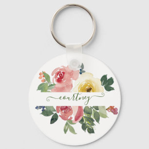 Chaveiro Floral personalizado em aquarela rosa e amarelo