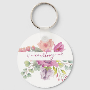 Chaveiro Floral personalizado em aquarela rosa e pêssego 