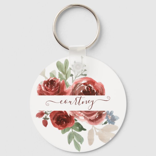 Chaveiro Floral personalizado em aquarela vermelho profundo (Frente)