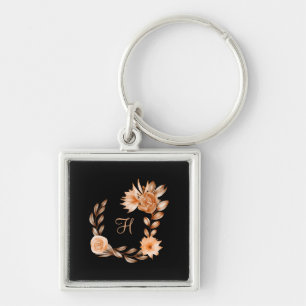 Chaveiro Floral Preto Marrom e Bege Monogramado