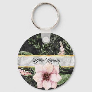 Chaveiro Floral Rosa-de-Mármore Preto Elegante com Nome