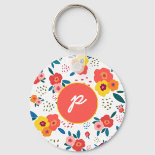 Chaveiro Floral Whimsical em Monograma Amarelo e Coral